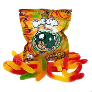 One Up Gummies Sour Brite Crawlers packaging showcasing colorful, sour gummy worms, highlighting their vibrant appearance and fun design, ideal for a delightful and psychedelic experience