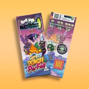 One Up Multiverse Peach Parfait psilocybin chocolate bar with creamy peach and chocolate layers