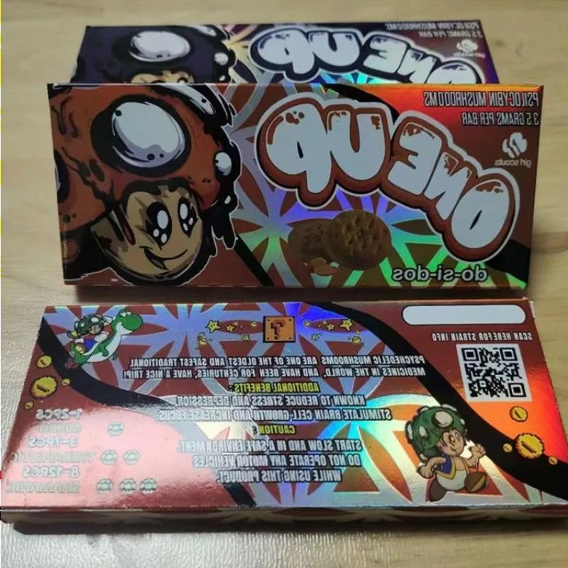 one up mushrooms chocolate bar packaging with colorful gaming style design