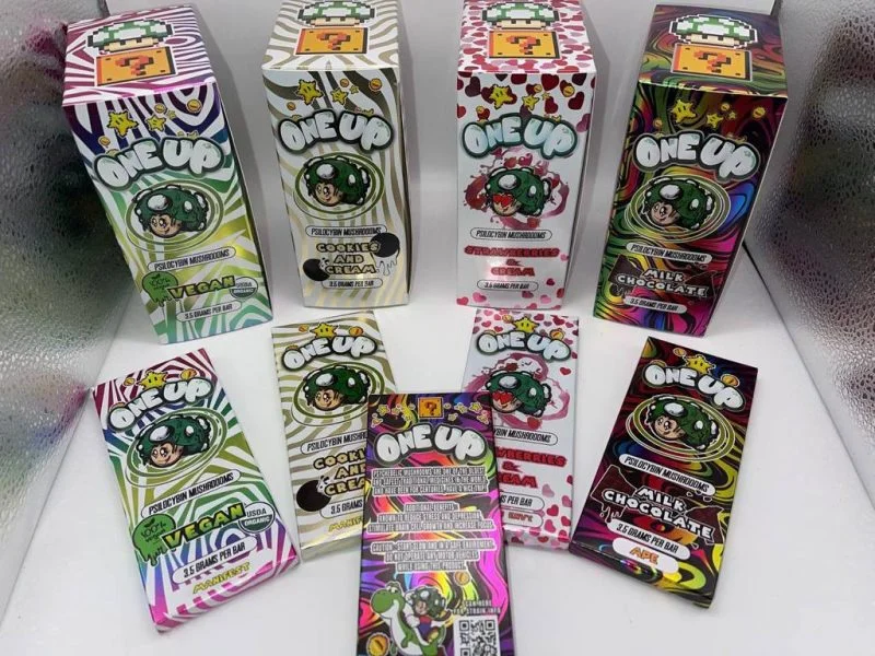 OneUp chocolate mushroom bar in original packaging on table
